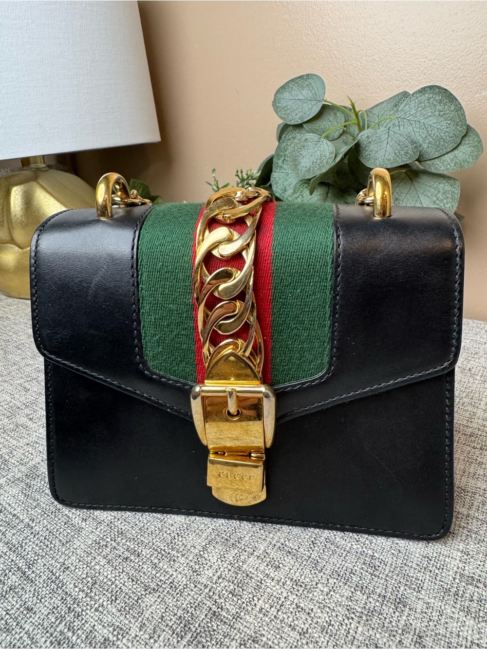 Gucci Black Leather Shoulder Bag with Green & Red Web Stripe and Gold Hardware